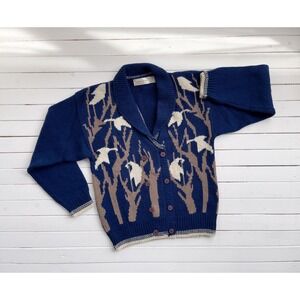 vtg Alexandra Bartlett‎ navy blue wool white bird hand knit cardigan